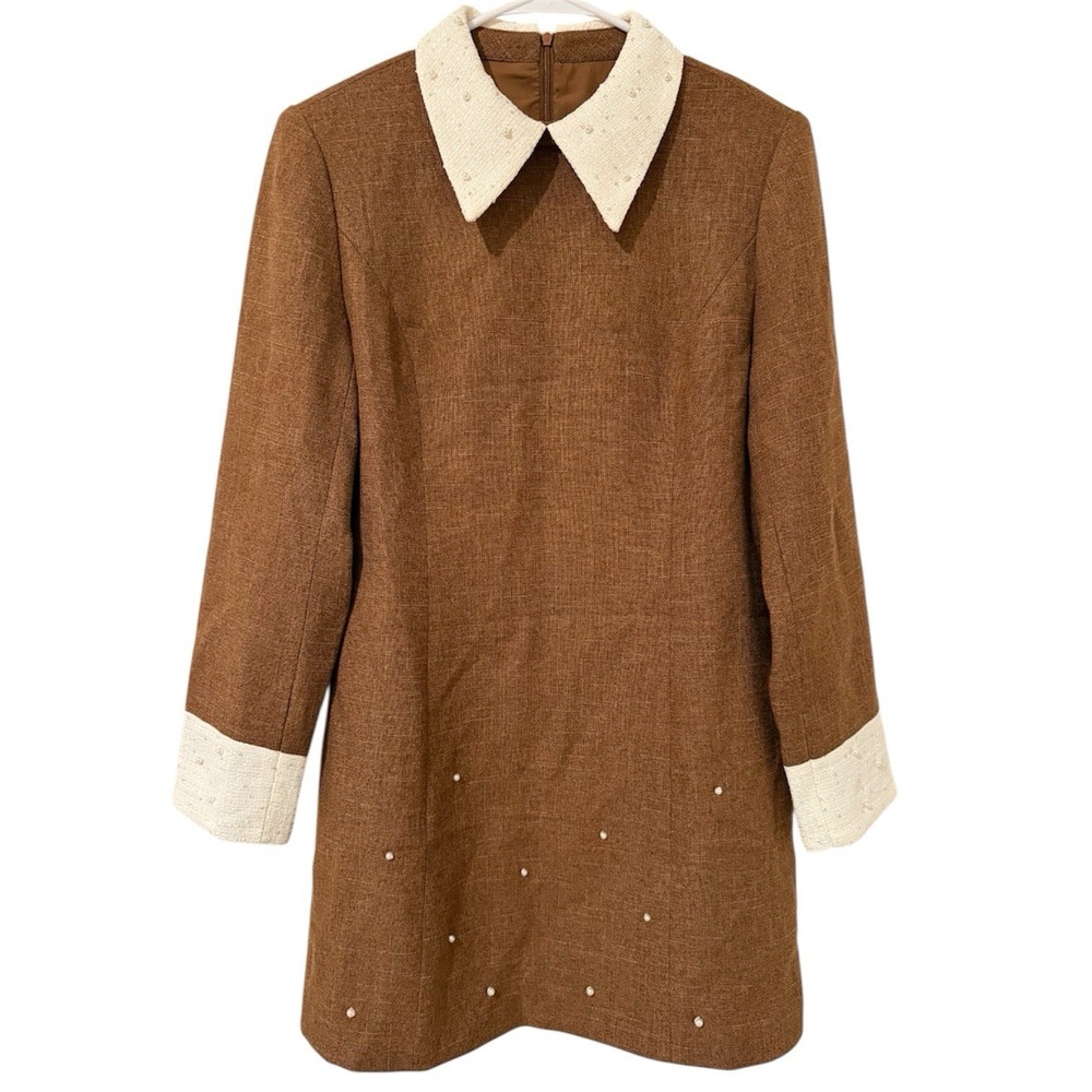 MOTF Womens Mini Dress Large Brown Pearl Trim White Tweed Collar Cuffs - Picture 2 of 13